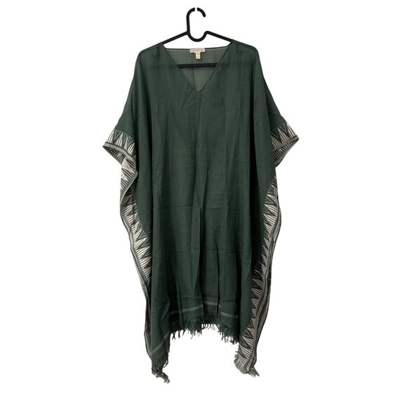 Eileen Fisher Green Embroidered Trim Organic Cotton Fringe Handwoven Kaftan OS - Picture 4 of 8